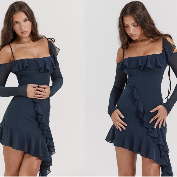 HOUSE OF CB 'Kiki' French Navy Ruffle Mini Dress NWOT - Picture 3 of 11